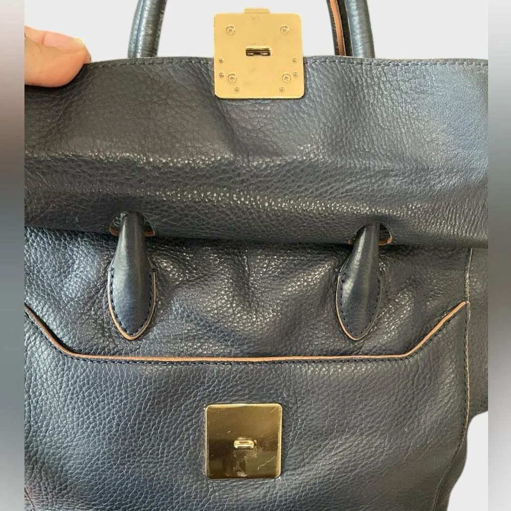 Tory Burch Clara Leather Satchel Navy Tan Trim Shoulder Strap